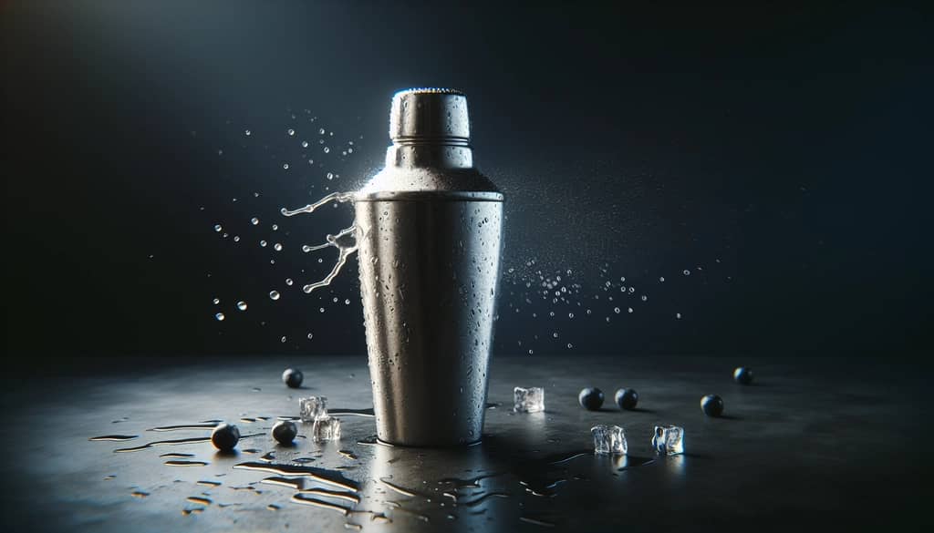 koktail sedang dikocok dengan es dalam shaker kaleng