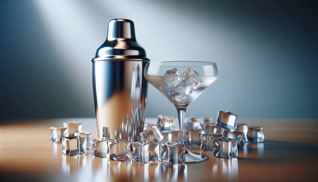 cocktail shaker next to coupe glass and large ice cubes