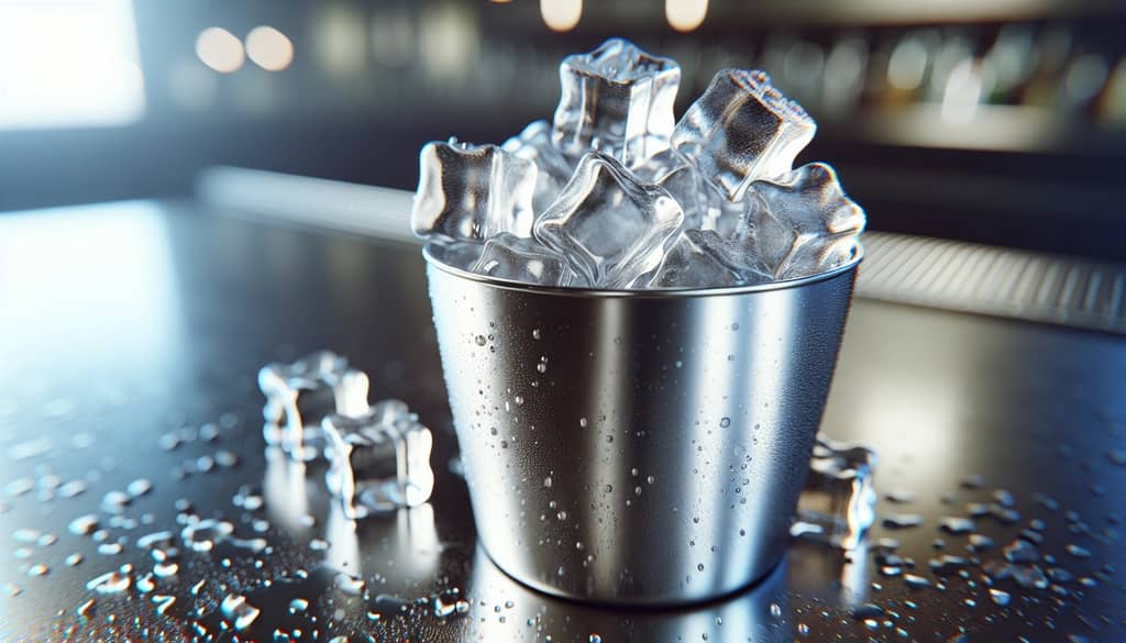 Shaker tin with large ice cubes ready for cocktail