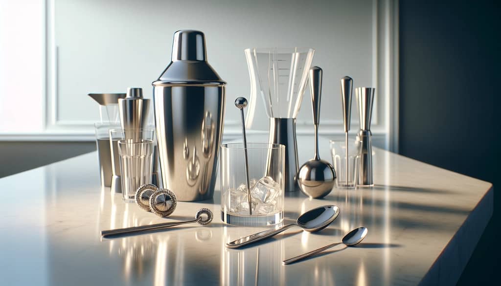 cocktail shaker, mixing glass, and blender on a bar