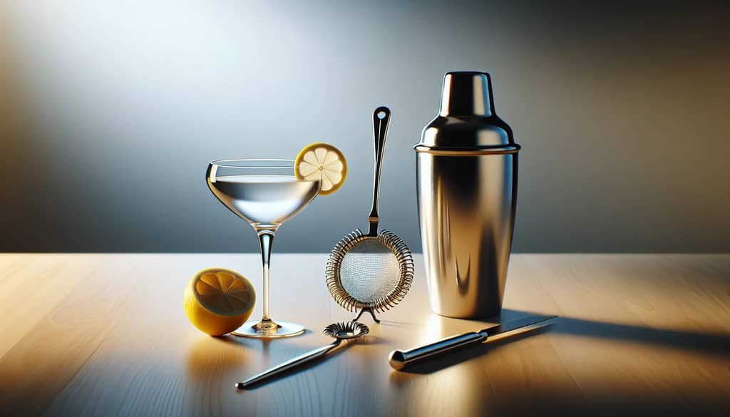 Shaker tin and strainer next to fresh citrus and coupe glass