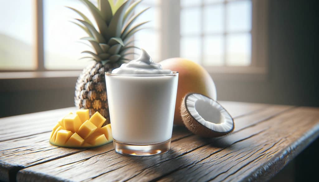 measured coconut cream with fresh tropical fruit
