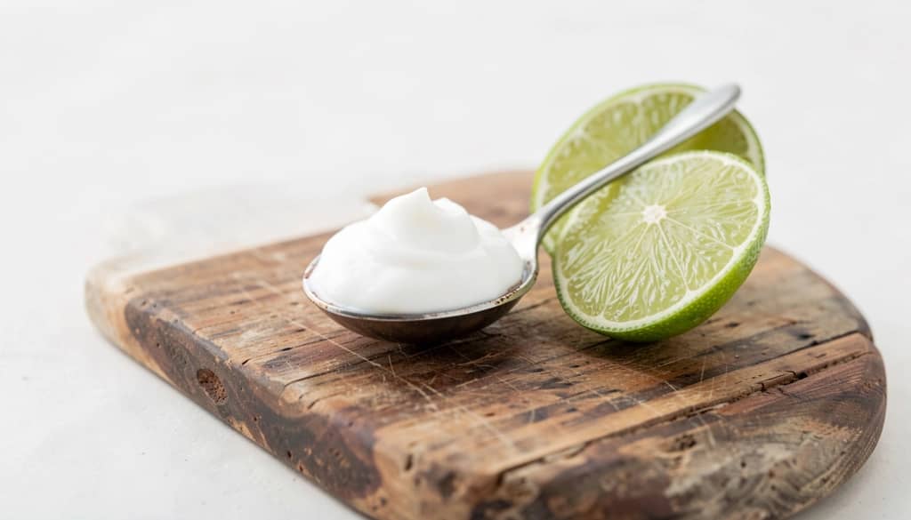 coconut cream in spoon and fresh limes
