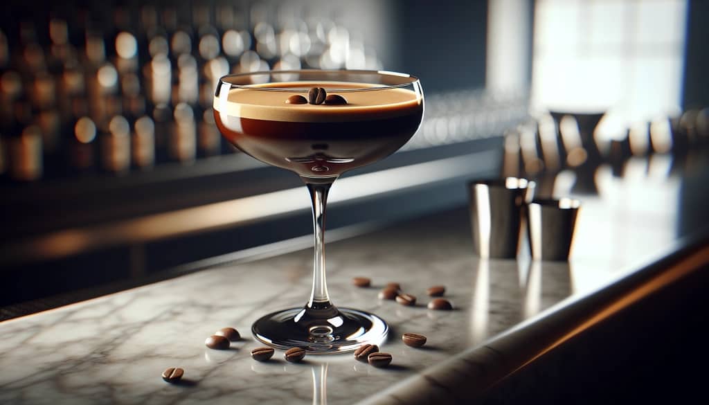 cocktail martini espresso à la noix de coco dans un verre coupe, couleur espresso, garniture de trois grains de café