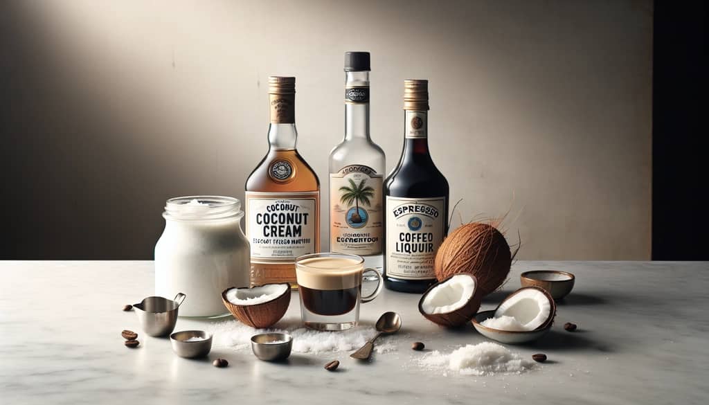 ingredients coconut cream, coconut liqueur, coffee liqueur, espresso shot on bar