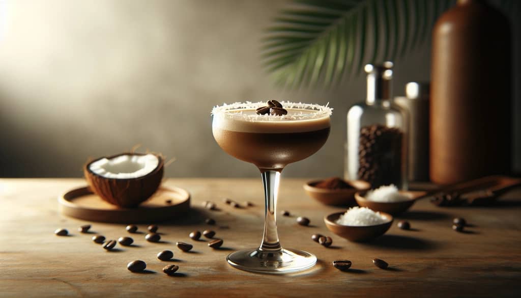 coconut espresso martini with coffee beans garnish on wood bar
