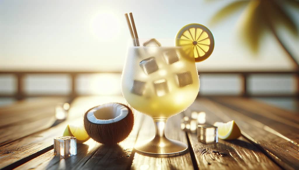 coconut lemonade with lemon wheel in tall glass