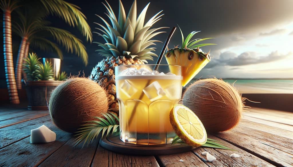 Coconut rum and lemonade cocktail with a tropical pineapple garnish.