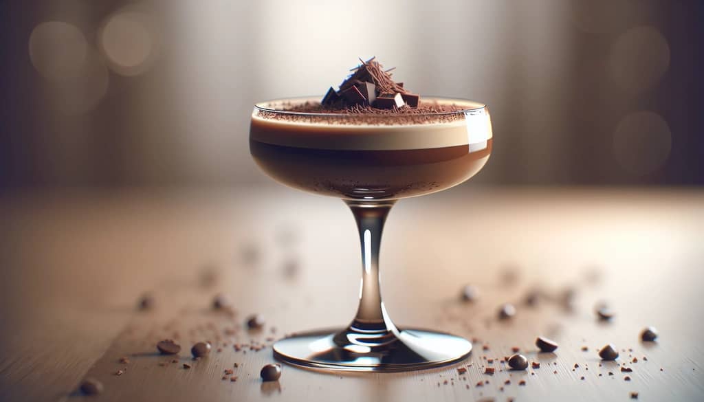 Cocktail cà phê và sô cô la trong ly coupe với trang trí sô cô la bào