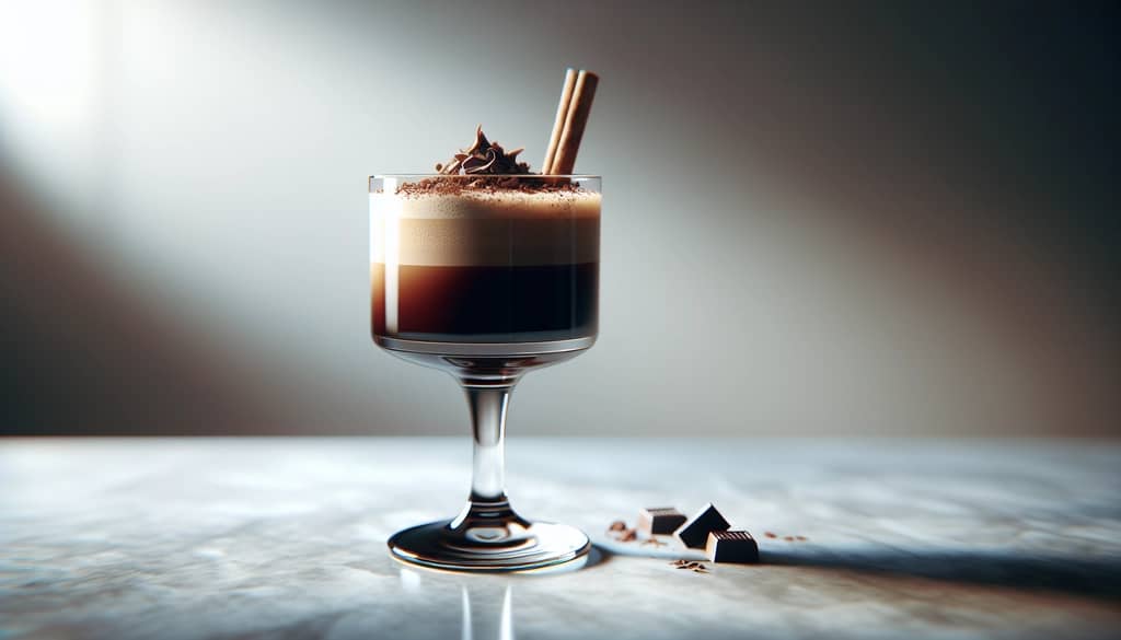 coffee cocktail with chocolate shavings and cinnamon stick garnish