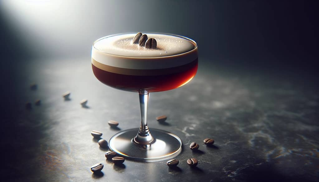 cocktail au café dans un verre coupe avec des couches claires et des garnitures
