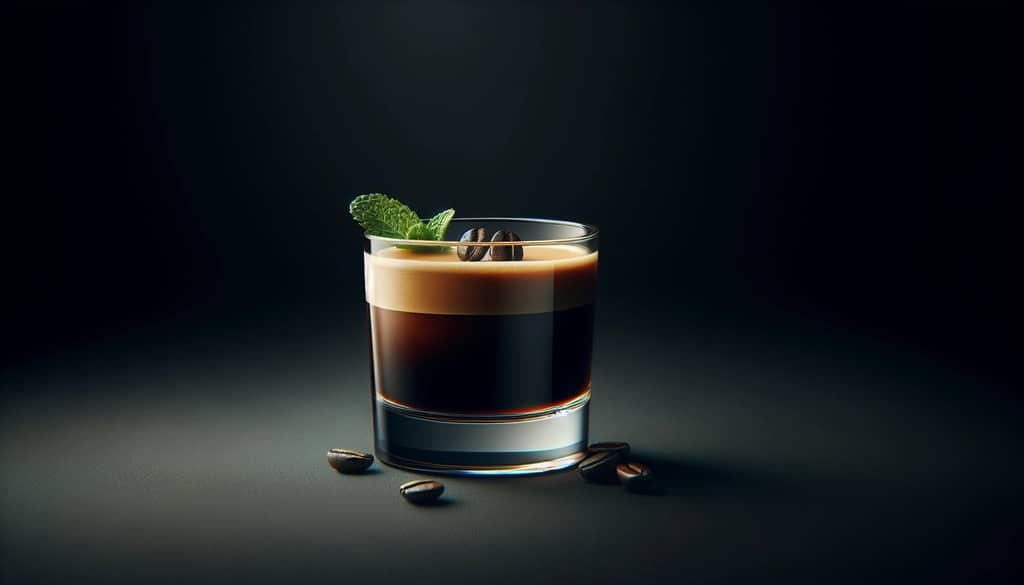 coffee cocktail with mint and coffee bean garnish in a short glass