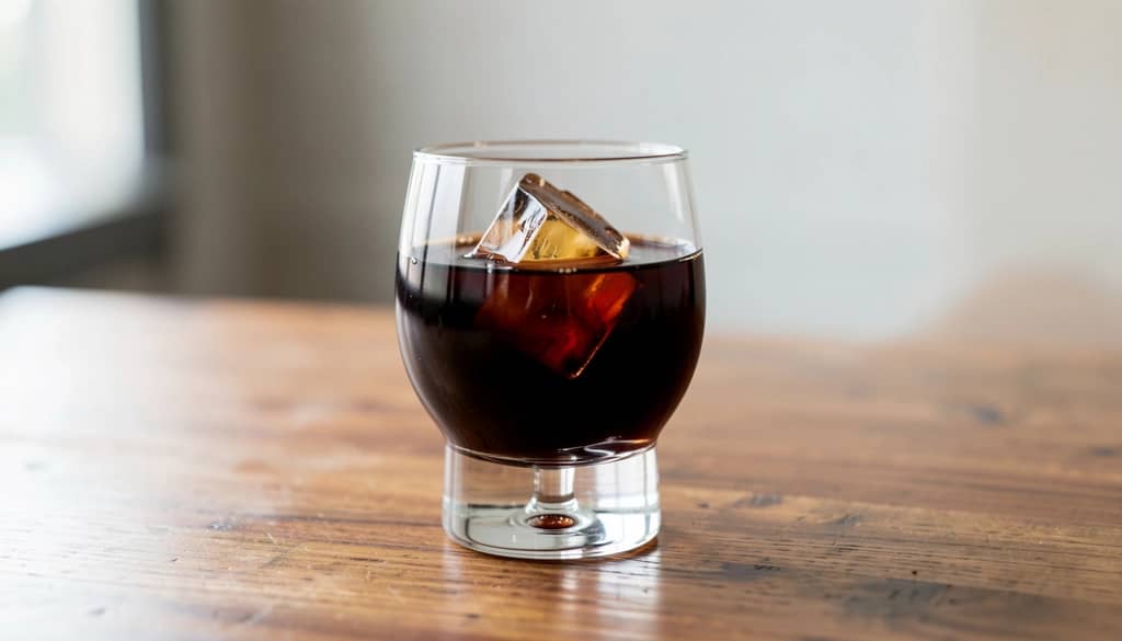 single cocktail with coffee liqueur in lowball glass