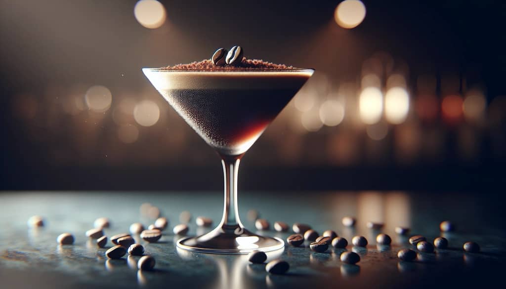 martini vodka kopi dalam gelas koktail dengan hiasan biji kopi