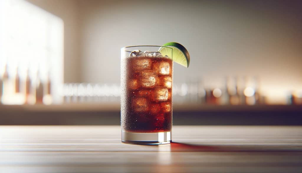Coke and tequila cocktail in a tall glass with lime