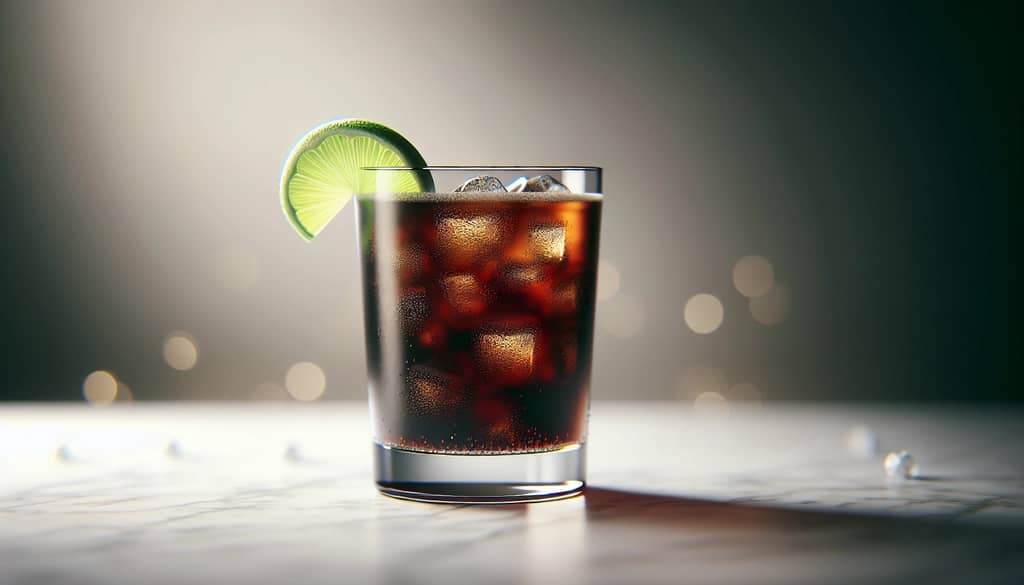 vaso de cola con una rodaja de lima sobre mármol
