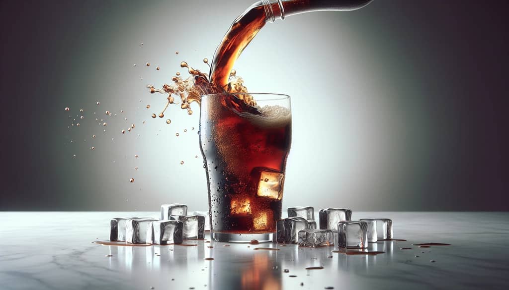 cola being poured over ice in a glass