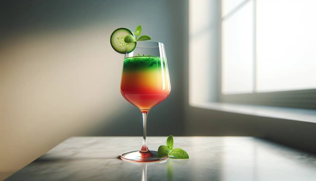 colorful mocktail garnished with herbs on marble