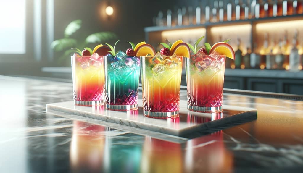 mocktails coloridos en diferentes vasos con guarnición de fruta