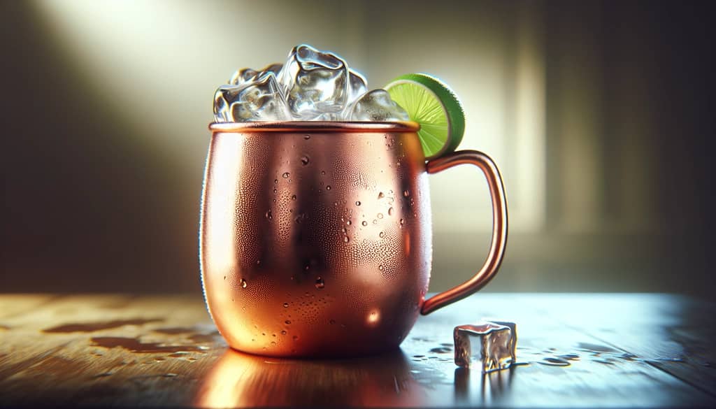 taza de cobre con un cóctel cítrico y hielo