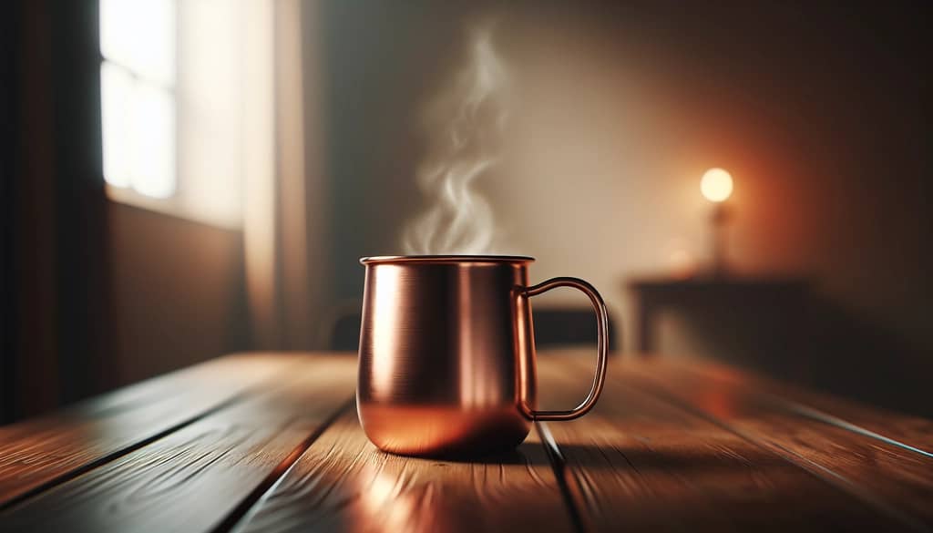 مشروب ساخن متصاعد بالبخار في كوب نحاسي على طاولة خشبية