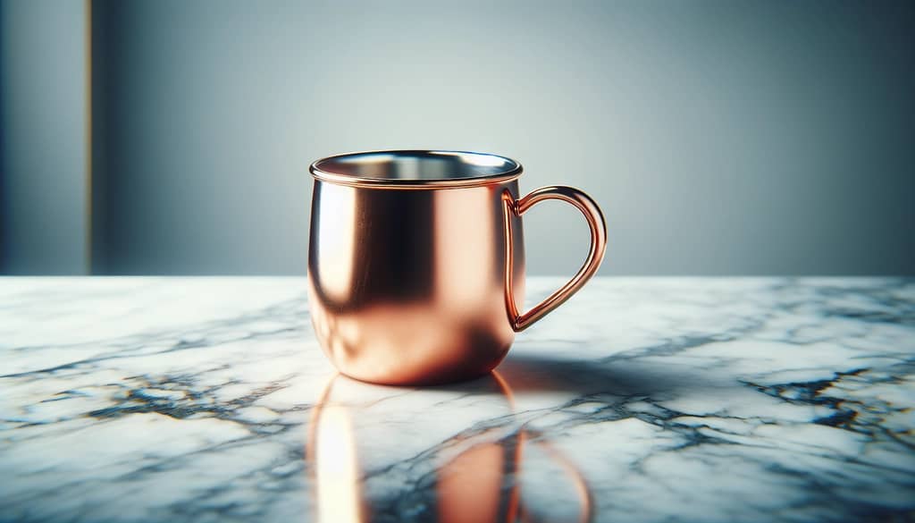 copper mug with visible steel lining on marble surface