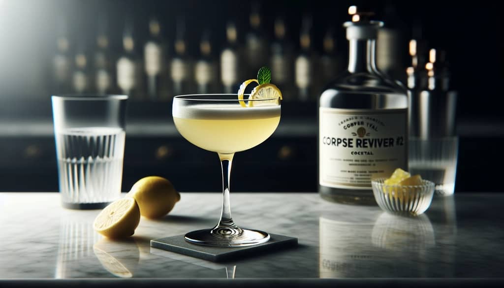 corpse reviver 2 cocktail on a modern marble bar