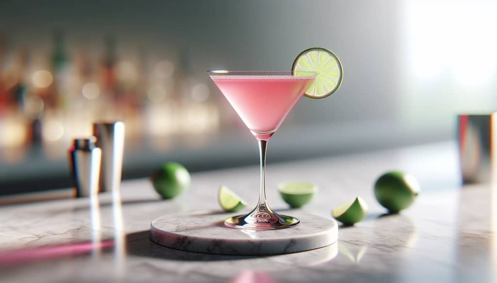 Cóctel tart cosmopolita en una copa de martini con adornos de lima