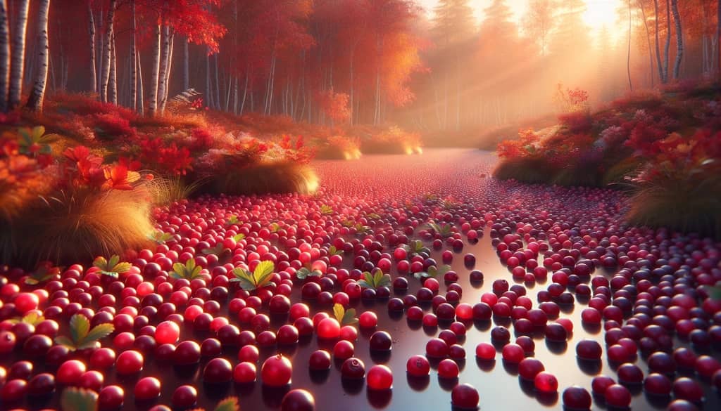 fresh cranberries in a bog with autumn leaves