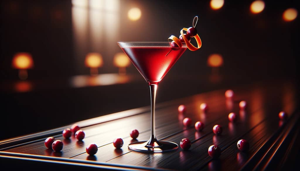 cranberry bog martini with orange twist and berries