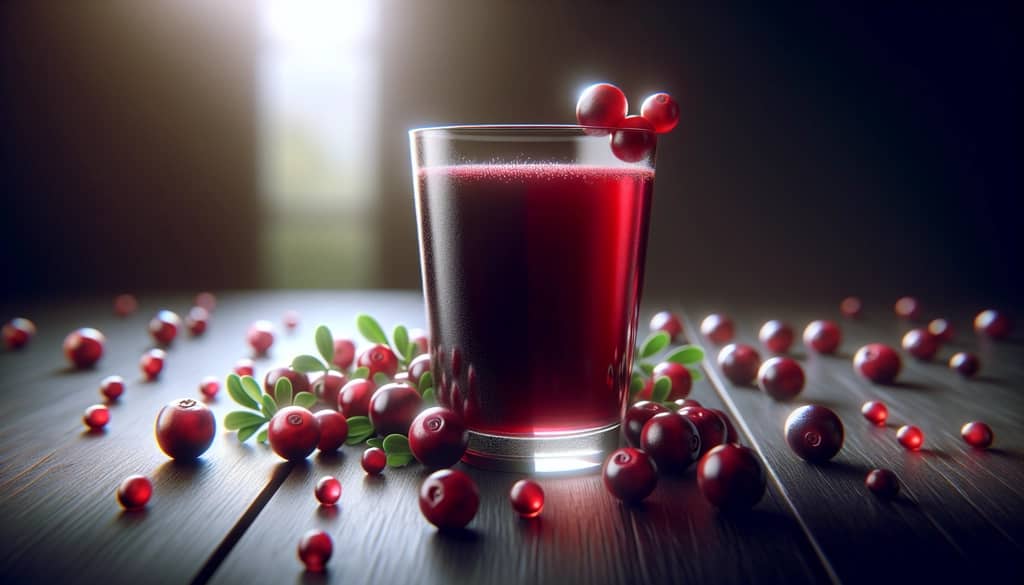 cranberry juice in clear glass with fresh cranberries on wood