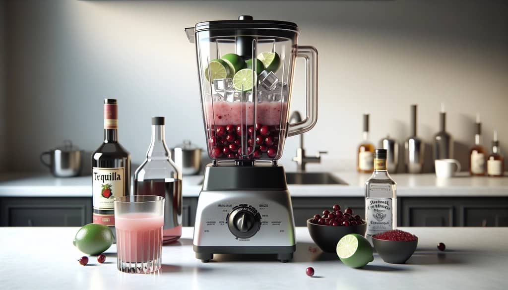 ice and ingredients in blender for cranberry margarita
