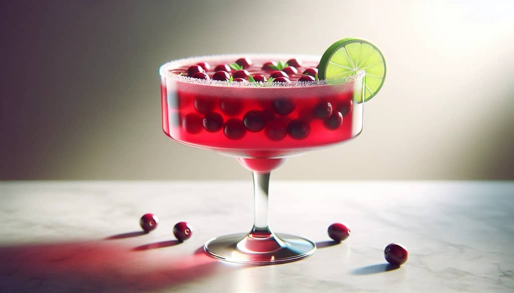 ponche de margarita de arándano rojo en un bol transparente con lima y arándanos