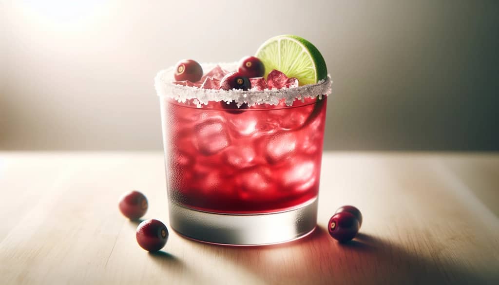 single glass of cranberry margarita punch with salted rim and lime