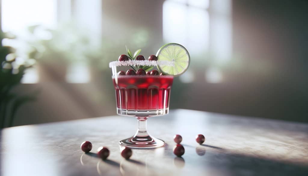 margarita à la canneberge dans un verre old-fashioned avec citron vert et canneberges