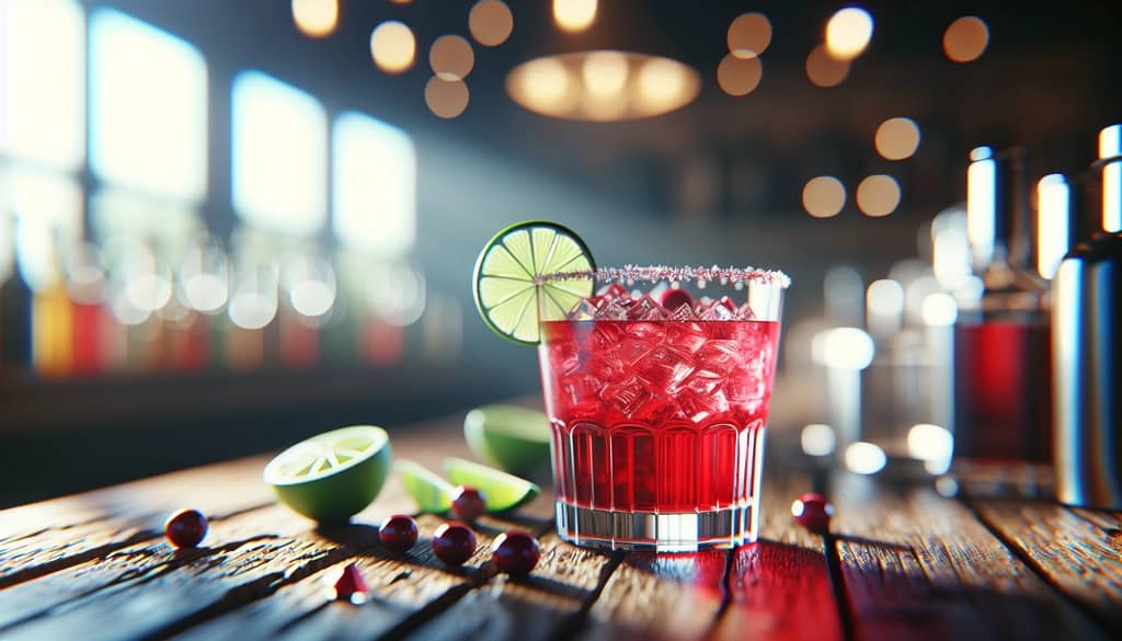 Cranberry margarita with lime in a rocks glass