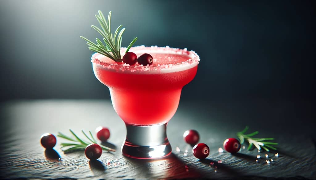cranberry margarita with rosemary garnish and pink salt rim