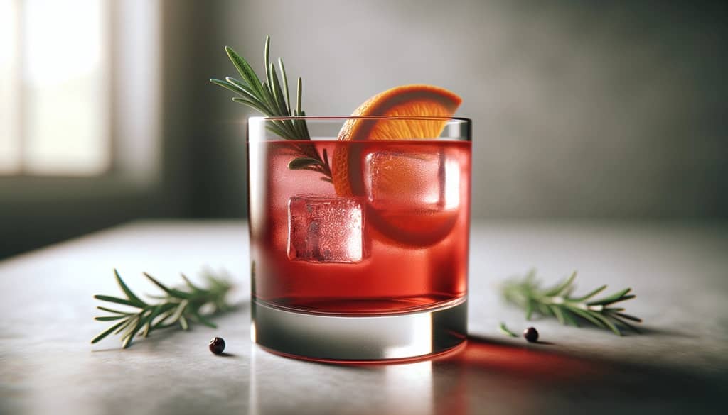mocktail al mirtillo rosso in bicchiere rocks con agrumi e rosmarino