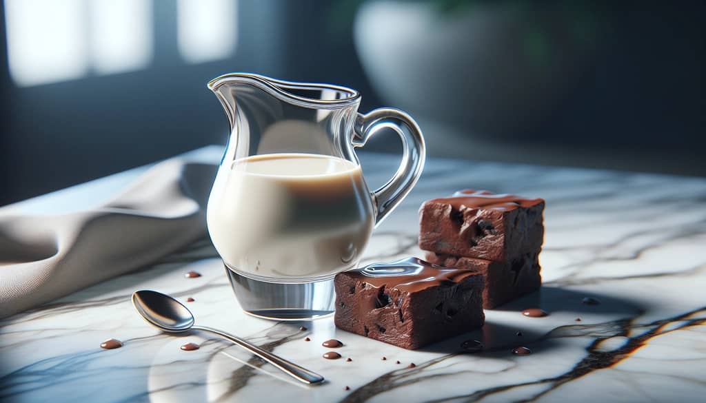 Glass pitcher of cream liqueur next to brownies