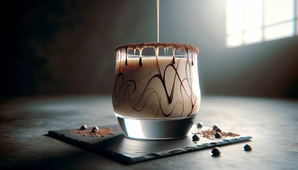 creamy cocktail with chocolate drizzle in glass