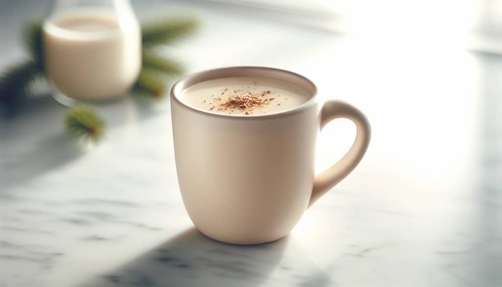 creamy eggnog in a festive glass with nutmeg