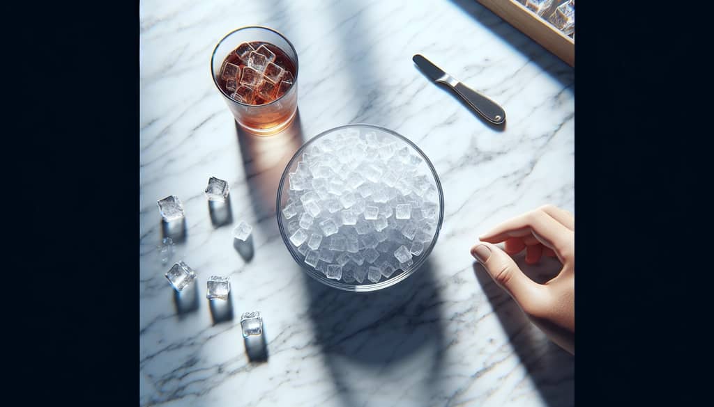 crushed ice for frozen margarita in glass bowl on marble