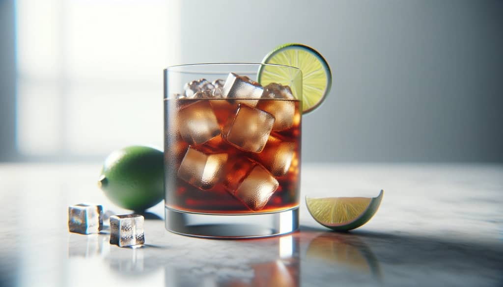 cuba libre with lime in tall glass