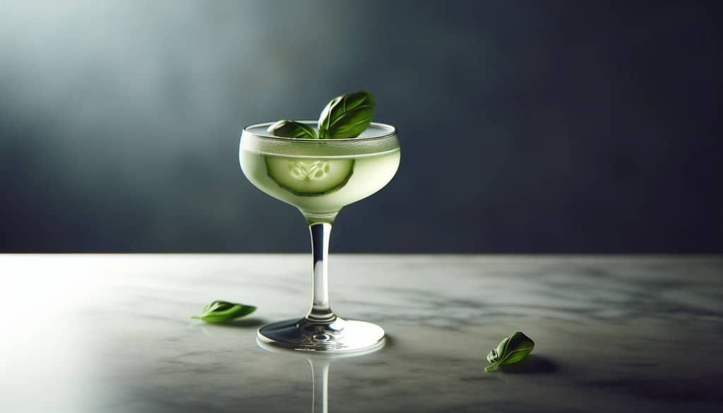 Gimlet concombre basilic dans un verre coupe avec garniture de feuille de basilic