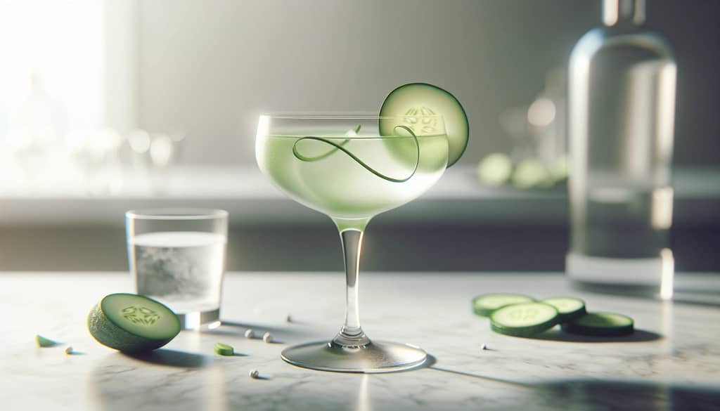 Gurken-Gin-Gimlet im Coupe-Glas mit Gurkengarnitur
