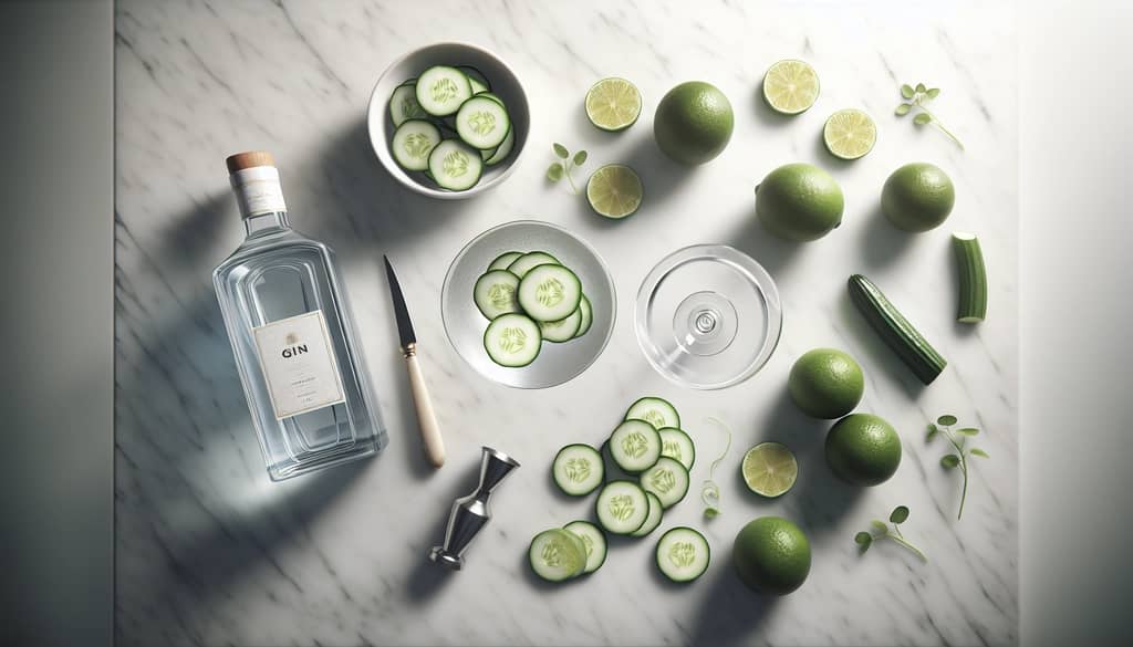 cucumber slices and gin ingredients for gimlet