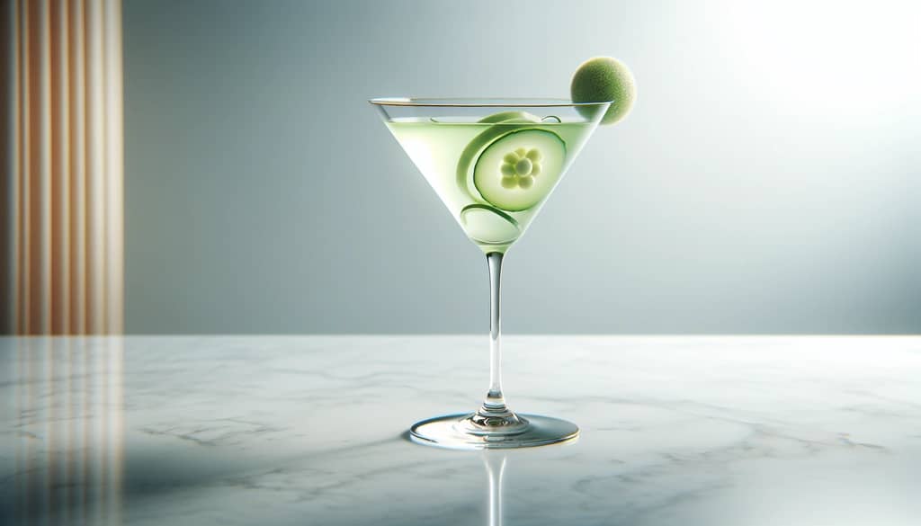 martini cetriolo e melone in bicchiere da martini con guarnizione di pallina di melone