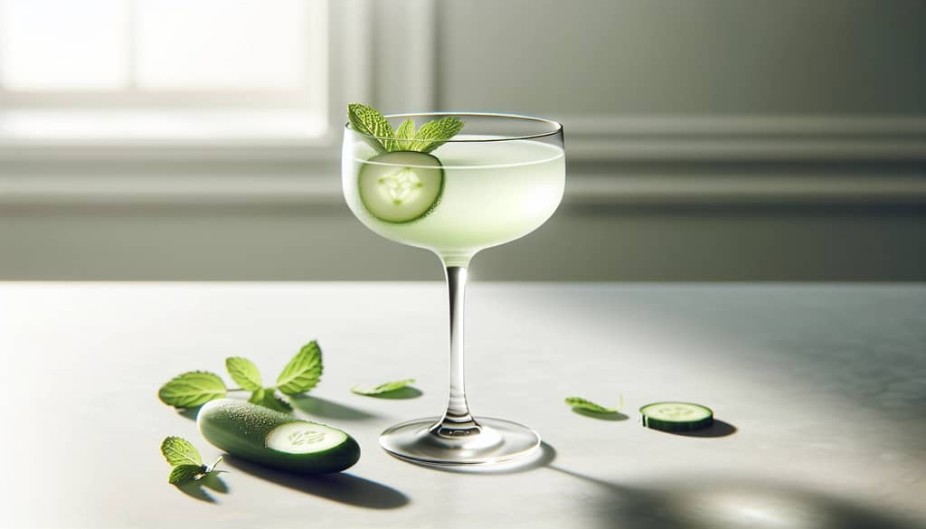 Cucumber mint gimlet in coupe glass with garnish