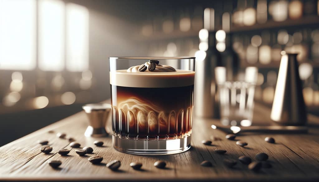 custom coffee cocktail with cream spiral and coffee beans