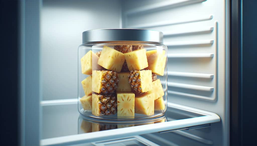 chunks of fresh pineapple in a clear container in a refrigerator